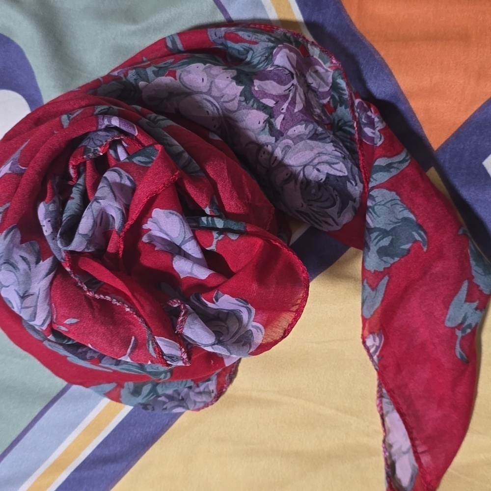 Women's red and blue floral scarf 70 x 32 inches